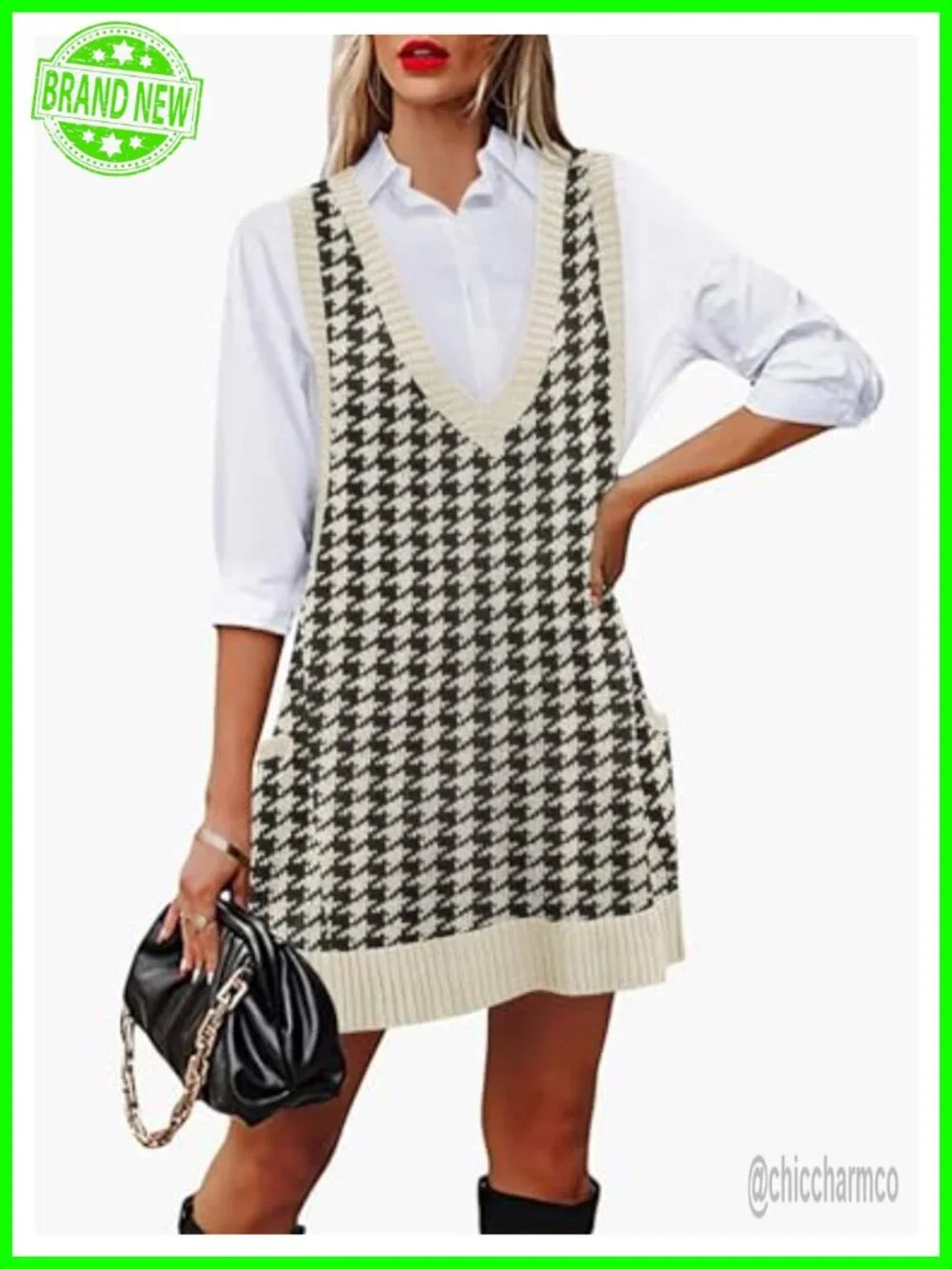 Oversized V-Neck Sleeveless Knit Sweater Vest Dress with Pockets